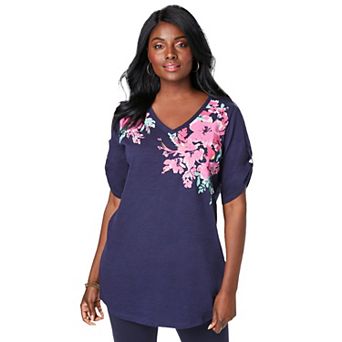 Roaman's Women's Plus Size Slub V-Neck Boyfriend Tunic Top