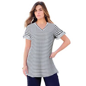 Roaman's Women's Plus Size Slub V-Neck Boyfriend Tunic Top