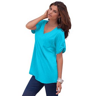 Roaman's Women's Plus Size Plus Size Slub V-Neck Boyfriend Tunic Top