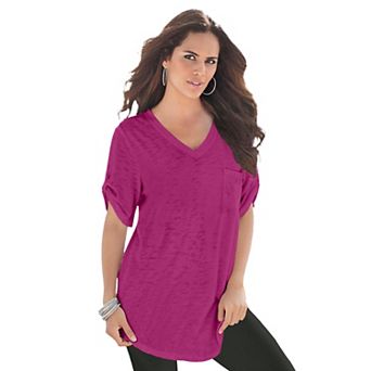 Roaman's Women's Plus Size Slub V-Neck Boyfriend Tunic Top
