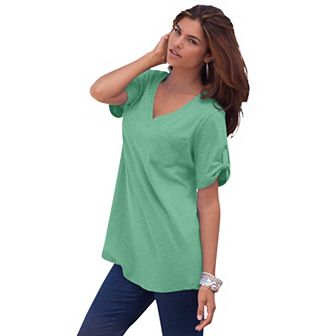 Roaman's Women's Plus Size Plus Size Slub V-Neck Boyfriend Tunic Top