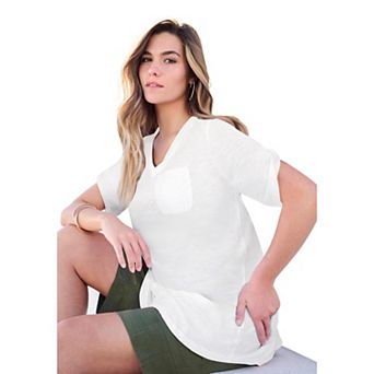 Roaman's Women's Plus Size Plus Size Slub V-Neck Boyfriend Tunic Top