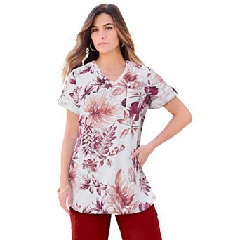 Roaman's Women's Plus Size Slub V-Neck Boyfriend Tunic Top