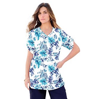 Roaman's Women's Plus Size Plus Size Slub V-Neck Boyfriend Tunic Top