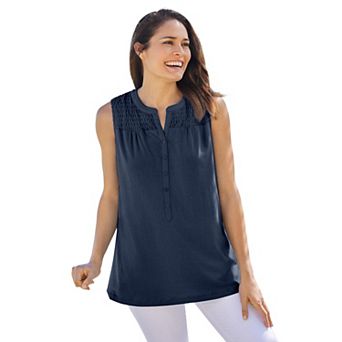 Woman Within Plus Size Smocked Henley Tank Top