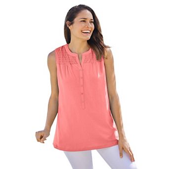 Woman Within Plus Size Smocked Henley Tank Top