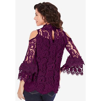 Roaman's Women's Plus Size Lace Cold-shoulder Top