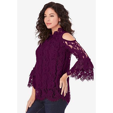 Roaman's Women's Plus Size Lace Cold-shoulder Top