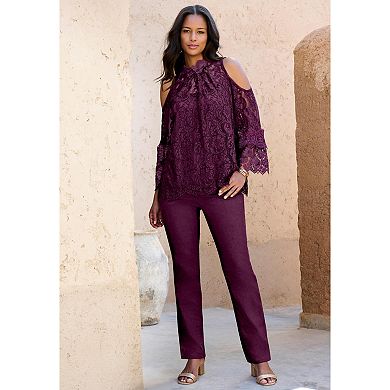 Roaman's Women's Plus Size Lace Cold-shoulder Top