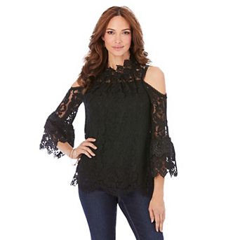 Roaman's Women's Plus Size Lace Cold-shoulder Top