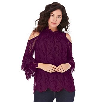Roaman's Women's Plus Size Lace Cold-shoulder Top