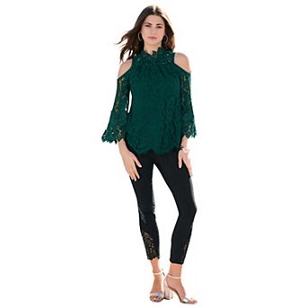 Roaman's Women's Plus Size Lace Cold-Shoulder Top