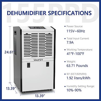 Yaufey Large Commercial 155 Pints Dehumidifier For Spaces Up To 8,000 Sq. Ft