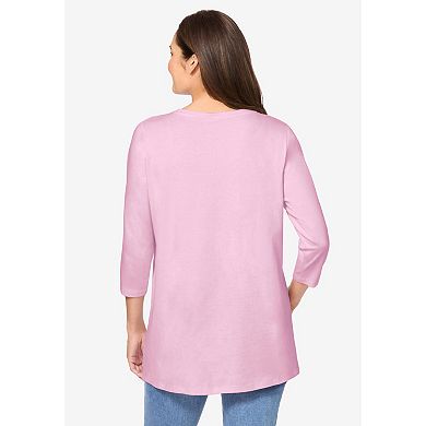 Woman Within Plus Size Perfect Three-Quarter Sleeve Crewneck Tee