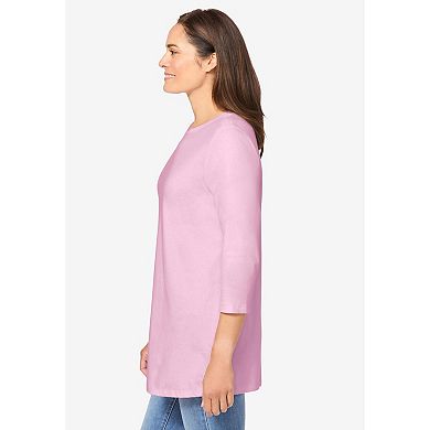 Woman Within Plus Size Perfect Three-Quarter Sleeve Crewneck Tee