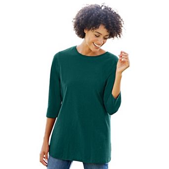 Woman Within Plus Size Perfect Three-Quarter Sleeve Crewneck Tee