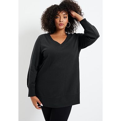 June & Vie Women's Plus Size V-Neck French Terry Sweatshirt