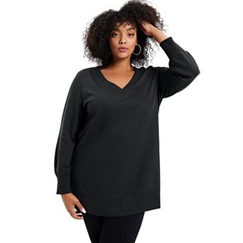 June + Vie Women's Plus Size V-neck French Terry Sweatshirt
