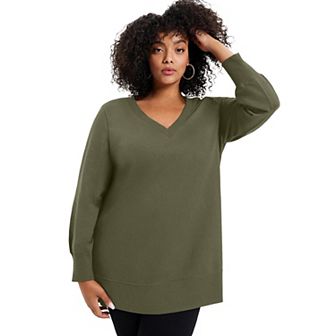 June + Vie Women's Plus Size V-Neck French Terry Sweatshirt