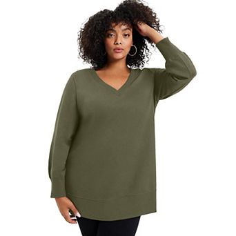 June + Vie Women's Plus Size V-neck French Terry Sweatshirt