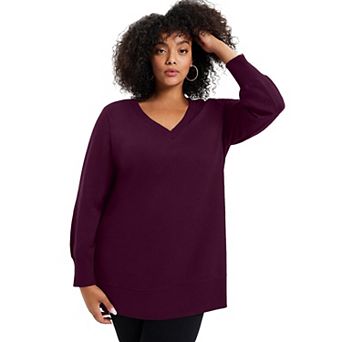 June + Vie Women's Plus Size V-neck French Terry Sweatshirt