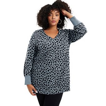 June & Vie Women's Plus Size V-Neck French Terry Sweatshirt