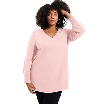 June + Vie Women's Plus Size V-Neck French Terry Sweatshirt