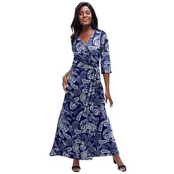 Jessica London Women's Plus Size Stretch Knit Faux Wrap Maxi Dress