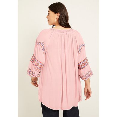 June + Vie Women's Plus Size Embroidered Peasant Blouse