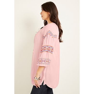 June + Vie Women's Plus Size Embroidered Peasant Blouse