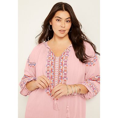 June + Vie Women's Plus Size Embroidered Peasant Blouse