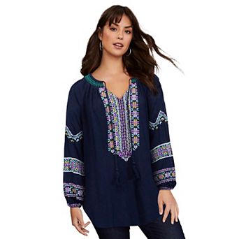 June + Vie Women's Plus Size Embroidered Peasant Blouse