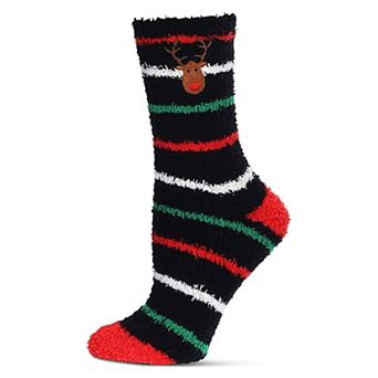 Women's Striped Reindeer Embroidery Cozy Crew Socks
