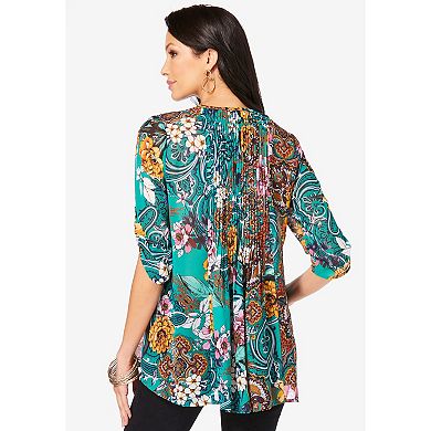 Roaman's Women's Plus Size Plus Size Tara Pleated Shirt Adjustable 3/4 Sleeve Swing Tunic With