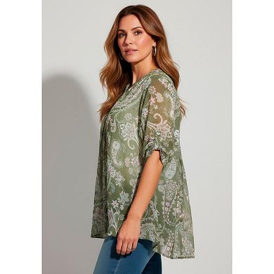 Roaman's Women's Plus Size Tara Pleated Shirt Adjustable 3/4 Sleeve Swing Tunic With Notch Collar