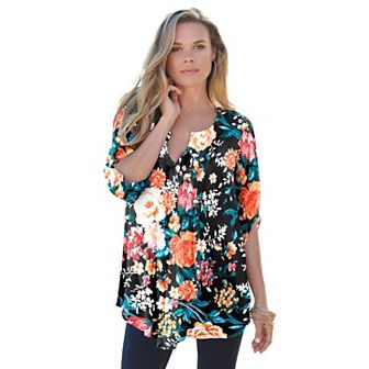 Roaman's Women's Plus Size Plus Size Tara Pleated Shirt Adjustable 3/4 Sleeve Swing Tunic With