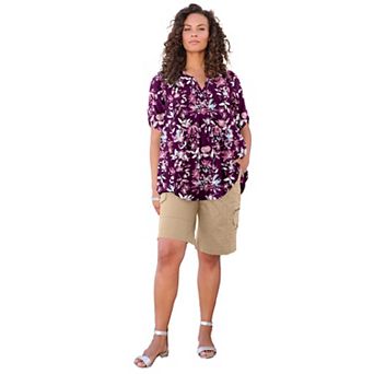 Roaman's Women's Plus Size Tara Pleated Shirt Adjustable 3/4 Sleeve Swing Tunic With Notch Collar