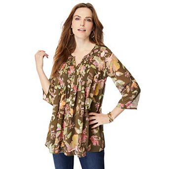 Roaman's Women's Plus Size Plus Size Tara Pleated Shirt Adjustable 3/4 Sleeve Swing Tunic With