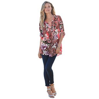 Roaman's Women's Plus Size Tara Pleated Shirt Adjustable 3/4 Sleeve Swing Tunic With Notch Collar