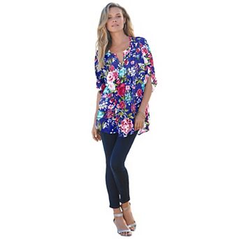 Roaman's Women's Plus Size Tara Pleated Shirt Adjustable 3/4 Sleeve Swing Tunic With Notch Collar