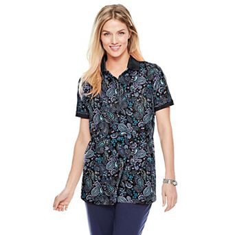 Woman Within Plus Size Perfect Printed Short-Sleeve Polo Shirt