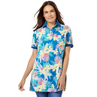 Woman Within Plus Size Perfect Printed Short-Sleeve Polo Shirt