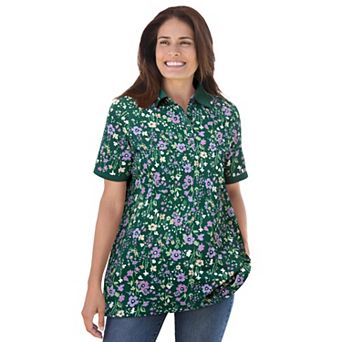 Woman Within Plus Size Perfect Printed Short-Sleeve Polo Shirt