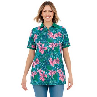 Woman Within Plus Size Perfect Printed Short-Sleeve Polo Shirt