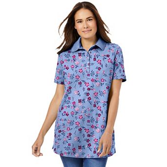 Woman Within Plus Size Perfect Printed Short-Sleeve Polo Shirt