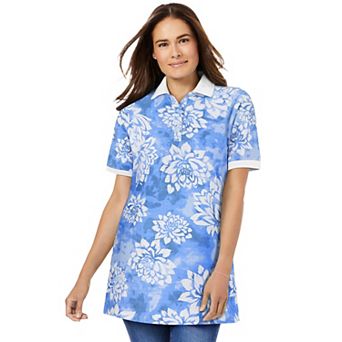 Woman Within Plus Size Perfect Printed Short-Sleeve Polo Shirt