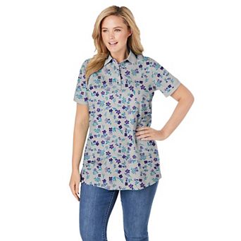 Woman Within Plus Size Perfect Printed Short-Sleeve Polo Shirt