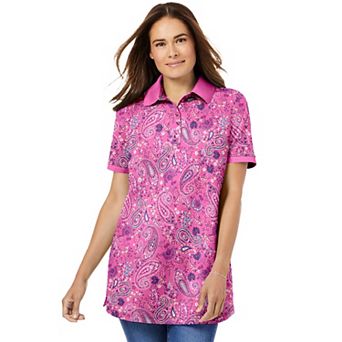 Woman Within Plus Size Perfect Printed Short-Sleeve Polo Shirt