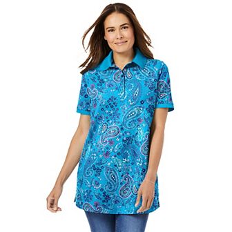 Woman Within Plus Size Perfect Printed Short-Sleeve Polo Shirt