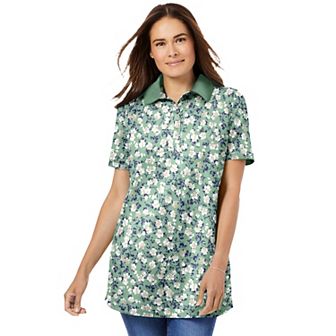 Woman Within Plus Size Perfect Printed Short-Sleeve Polo Shirt